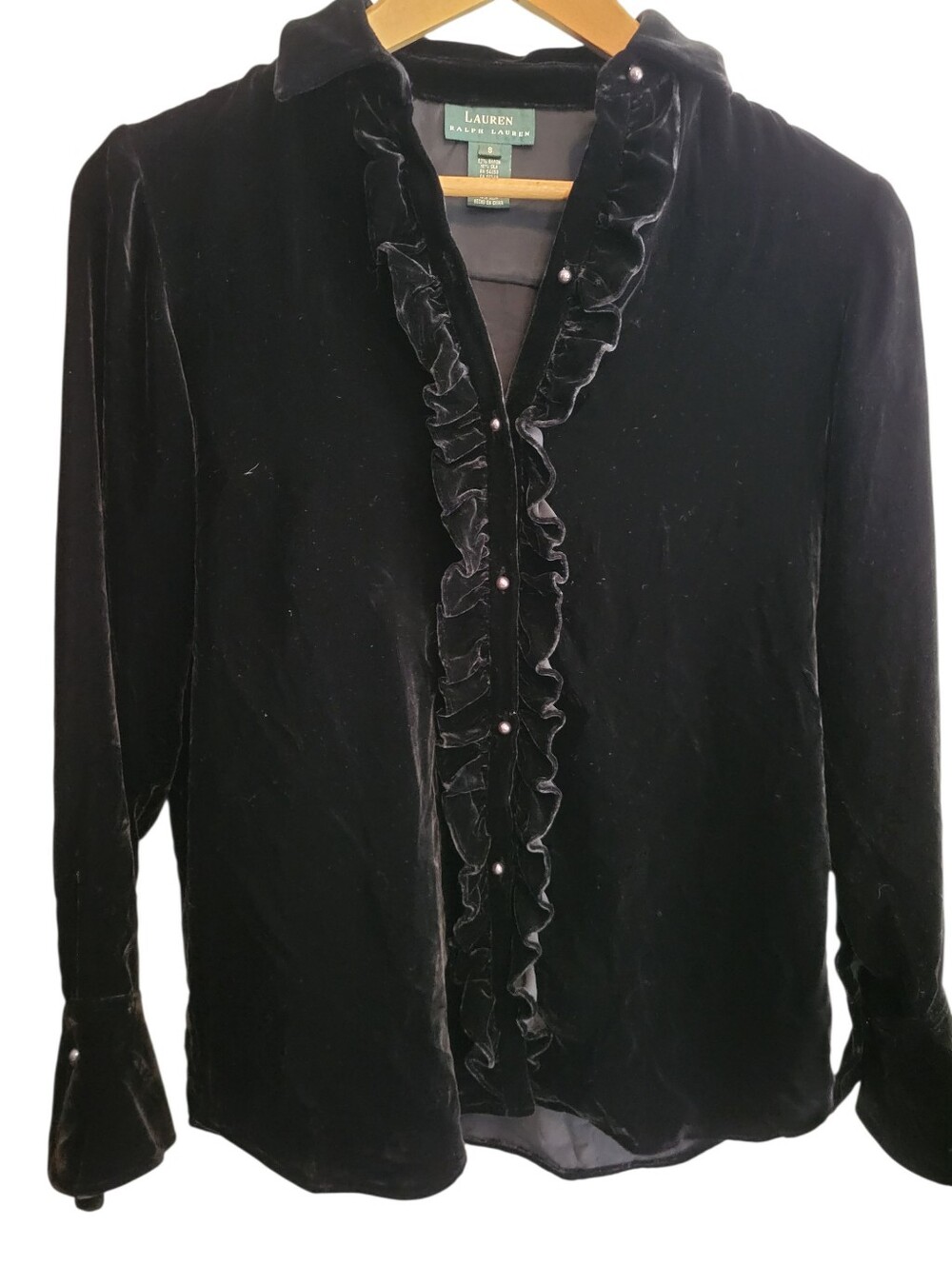 Vintage Lauren Ralph Lauren Silk Blend Velvet Ruffle Button Up Blouse Black S